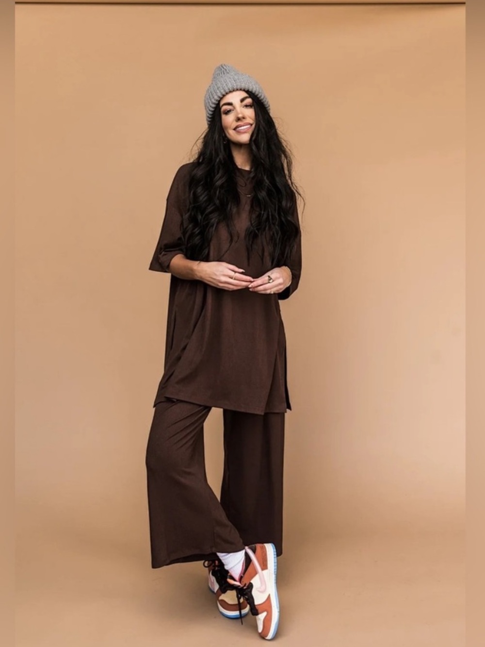 Dressed In LaLa Lex Ribbed Playsuit Lounge Set Mocha Size Small